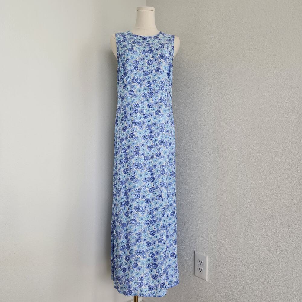 Vintage 90s Blue Floral Sleeveless Maxi Dress Shift Cottagecore Old Navy 6